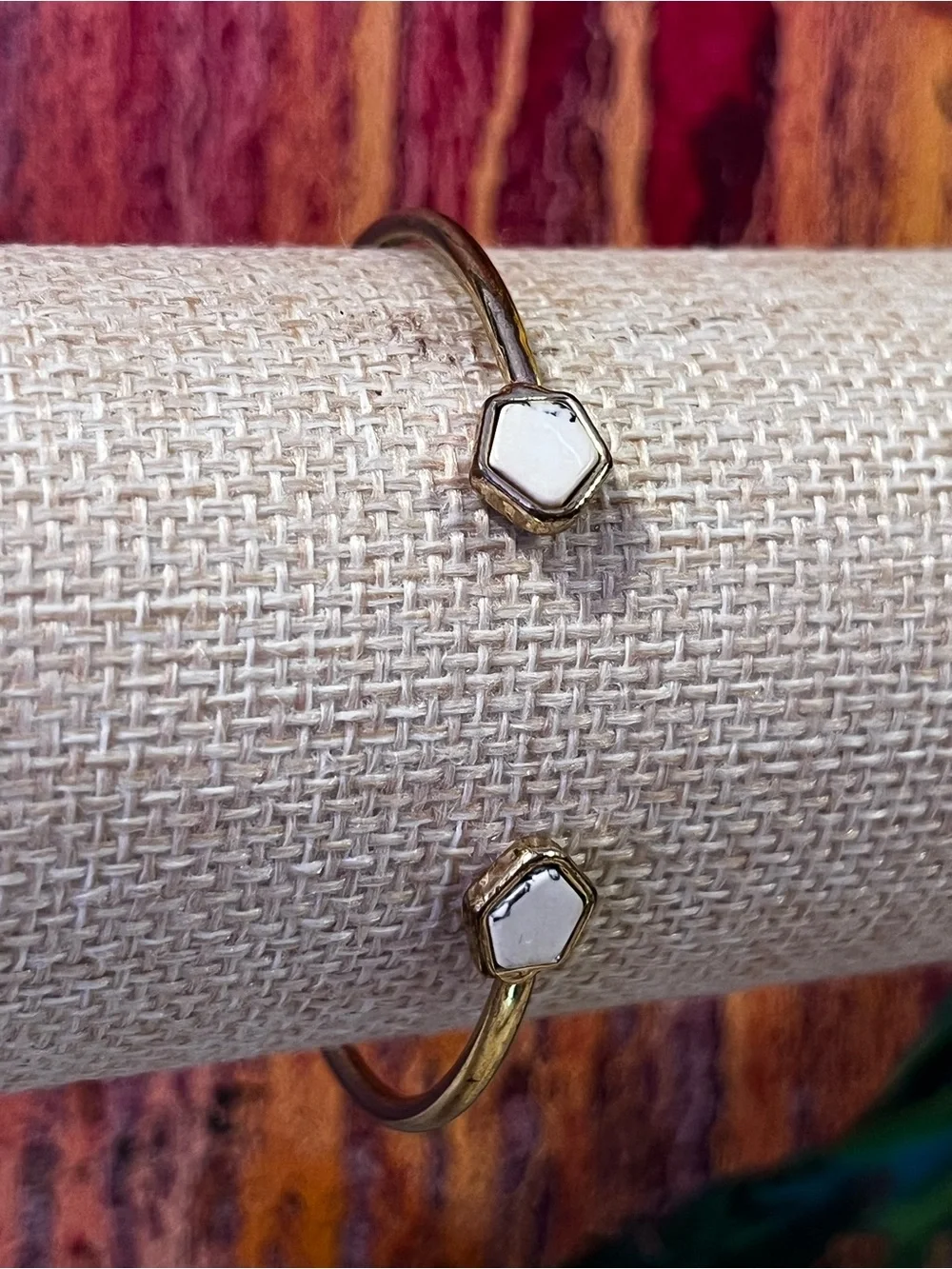 Nine West Gold Tone Open Cuff Bracelet with White Hexagon Accents